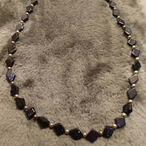 18" Blue Gloldstone and Silver Metal Bead Necklace